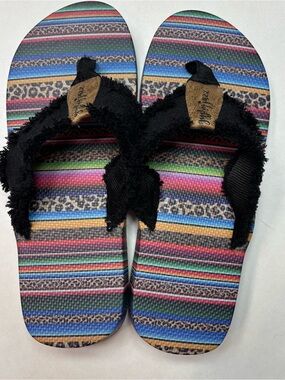 Gypsy Jazz Black Fringe Strap Sandals with Multicolor Striped Footbed NWOB